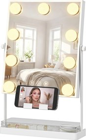 HOMCOM Hollywood Oglindă de machiaj cu lumină 9 becuri LED 3 culori comutator tactil suport pentru telefon Alb | Aosom Romania