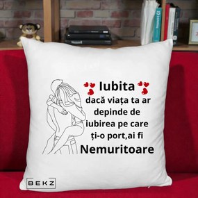 Cadou pentru Iubita - Perna Personalizata Iubita Nemuritoare cu Cuplu Line-Art si Inimi Rosii, 40x40 cm, Alb Pufos, Husa Detasabila, Perna Inclusa, BEKZ®