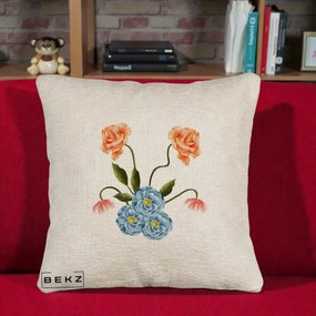 Perna Decorativa Trandafiri si Bujori Acuarela, 40x40 cm, Bej Canapea, Husa Detasabila, Perna Inclusa, BEKZ®