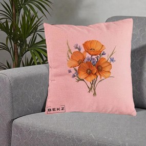 Perna Decorativa Maci Portocalii cu Floricele Albastre, 40x40 cm, Roz, Husa Detasabila, Perna Inclusa, BEKZ®