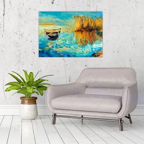 Tablou pe sticlă - Lacul cu bărci (70x50 cm)