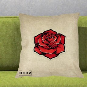 Perna Decorativa Trandafir Rosu Tattoo, 40x40 cm, Crem, Husa Detasabila, Perna Inclusa, BEKZ®