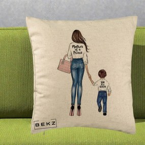 Cadou pentru Mama - Perna Personalizata, Model Mother of a Prince, 40x40 cm, Bej, Husa Detasabila, Perna Inclusa, BEKZ®