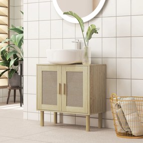 HOMCOM Mobila baie sub chiuveta mobilier sub chiuveta usi din rachita picioare din lemn de pin 2 nivele 60 x 30 x 60 cm stejar | Aosom Romania