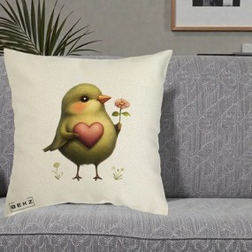 Perna Decorativa Pasare Verde cu Inima si Floare, 40x40 cm, Ecru, Husa Detasabila, Perna Inclusa, BEKZ®