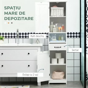 kleankin Dulap Modern pentru Baie, Mobilier Îngust cu Raft Deschis, Sertar, Uși Încastrate și Rafturi Ajustabile Alb | Aosom Romania