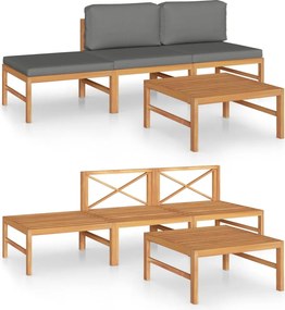 vidaXL Set mobilier grădină cu perne gri, 4 piese, lemn masiv de tec