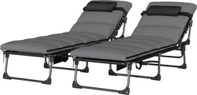 Outsunny Set de 2 Șezlonguri de Grădină Saltea XXL 9cm Reglabil 180° Complet Pliabil în 5 Poziții 200x57x38cm Gri | Aosom Romania