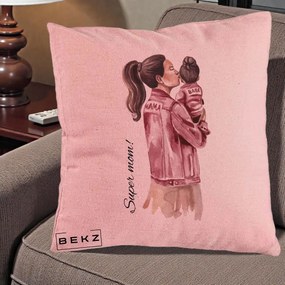 Cadou pentru Mama - Perna Personalizata Super Mom Jachete Roz, 40x40 cm, Roz, Husa Detasabila, Perna Inclusa, BEKZ®