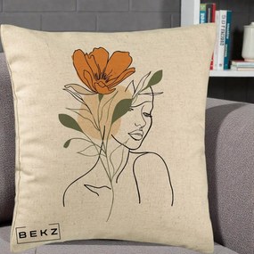 Perna Decorativa Portret Feminin Floare Portocalie, 40x40 cm, Bej, Husa Detasabila, Perna Inclusa, BEKZ®