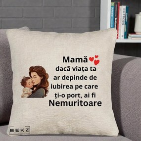 Cadou pentru Mama - Perna Personalizata Mama Nemuritoare cu Bebelus Lineart, 40x40 cm, Bej Canapea, Husa Detasabila, Perna Inclusa, BEKZ®