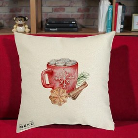Perna Decorativa Cacao de Iarna cu Biscuit, 40x40 cm, Ecru, Husa Detasabila, Perna Inclusa, BEKZ®