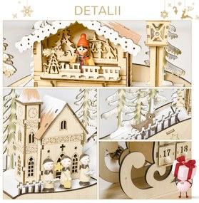 Calendar Advent din Lemn in Forma de Sanie cu 24 de Sertare de Umplut, Decoratiuni si Lumini 45x10x31cm HOMCOM | Aosom RO