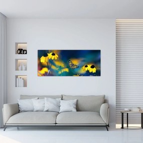 Tablou - Fluture galben și flori (120x50 cm)