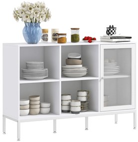 HOMCOM Dulap Modern de Depozitare cu Ușă din Plasă, 4 Compartimente Deschise și Raft Reglabil, 120x37x81.5 cm, Alb | Aosom Romania