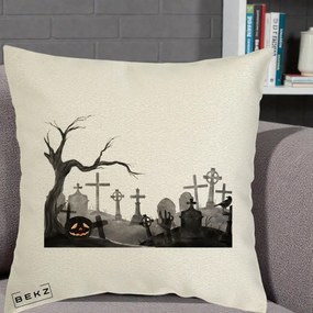Perna Decorativa Halloween Cimitir Acuarela cu Dovleac, 40x40 cm, Ecru, Husa Detasabila, Perna Inclusa, BEKZ®