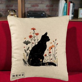 Perna Decorativa Pisica Neagra Profil Flori Portocalii, 40x40 cm, Bej, Husa Detasabila, Perna Inclusa, BEKZ®