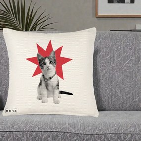Perna Decorativa Pisica Star Pop Art, 40x40 cm, Crem Reliefat, Husa Detasabila, Perna Inclusa, BEKZ®