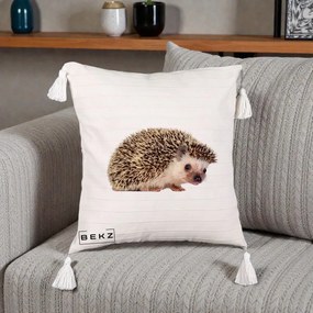 Perna Decorativa Arici Fotorealist, 40x40 cm, Bej cu Franjuri, Husa Detasabila, Perna Inclusa, BEKZ®
