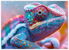 Tablou pe sticlă - Cameleon colorat (70x50 cm)