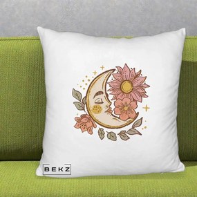 Perna Personalizata Luna Boho Chip Floral, 40x40 cm, Alb Pufos, Husa Detasabila, Perna Inclusa, BEKZ®