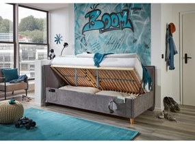 Pat pentru copii gri pe colț tapițat cu spațiu de depozitare cu somieră 140x200 cm Fun – Meise Möbel