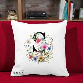 Cadou Personalizat - Perna Personalizata Monogram Litera S cu Flori Acuarela, 40x40 cm, Alba Mata, Husa Detasabila, Perna Inclusa, BEKZ®