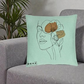 Perna Decorativa Portret Feminin Mac Profilat, 40x40 cm, Verde Menta, Husa Detasabila, Perna Inclusa, BEKZ®