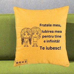 Cadou pentru Frate - Perna Personalizata Fratele Meu Te Iubesc Copii Anime Line Art Negru, 40x40 cm, Galben, Husa Detasabila, Perna Inclusa, BEKZ®