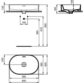 Lavoar pe blat alb 60 cm, oval, cu preaplin, Ideal Standard Strada II Ovala