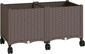 Outsunny Jardinieră Ridicată din Plastic, 85L, Spațiu pentru Grădinărit în Aer Liber cu Roți Blocate, Sistem de Autoirigare, Orificii de Drenaj, Ideală pentru Plante, Legume și Flori, Maro | Aosom Romania