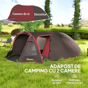 Outsunny Cort de Camping pentru 2-4 Persoane cu 2 Camere, Uși Duble și Geantă de Transport, 360x250x130 cm, Gri | Aosom Romania
