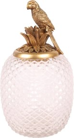 Borcan decorativ din sticlă și polirășină, auriu, în formă de ananas, cu capac cu papagal, 28,5 x 15 cm, „Perroquet”