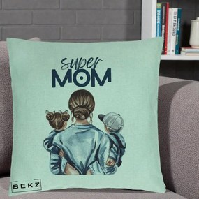 Cadou pentru Mama - Perna Personalizata Super Mom, 40x40 cm, Verde Menta, Husa Detasabila, Perna Inclusa, BEKZ®