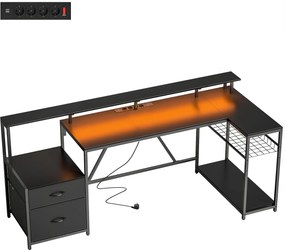 HOMCOM Birou Gaming Reversibil în Formă de L cu LED, Birou Colțar 192,5 cm cu Prize Electrice, Suport Monitor și CPU, 2 Sertare din Material Textil pentru Documente A4/Legal, pentru Acasă sau Birou, Negru | Aosom Romania