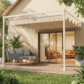 Outsunny Pergolă de perete pentru grădină 3x3 m cu acoperiș retractabil, protecție UPF30+, drenaj, pavilion de grădină pentru exterior, bej | Aosom Romania