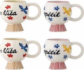 Set 4 cești din ceramică, multicolor, inscripții pictate manual, flori și păsări în tonuri roz și albastre, 9 x 8,5 cm, „Lindsay”