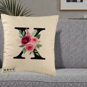 Cadou Personalizat - Perna Personalizata Monograma Florala Litera X cu Buchet, 40x40 cm, Bej, Husa Detasabila, Perna Inclusa, BEKZ®