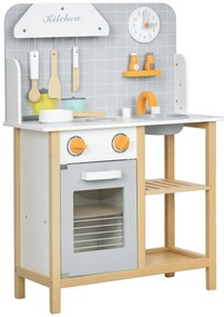 AIYAPLAY Bucătărie de jucărie cu accesorii, plită &amp; cuptor, chiuvetă, ceas, rafturi, pentru 3-6 ani, Gri | Aosom Romania