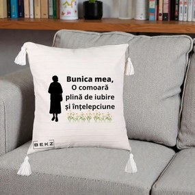 Cadou pentru Bunica - Perna Personalizata Bunica Mea Comoara Iubire Intelepciune Silueta cu Nepoata, 40x40 cm, Bej cu Franjuri, Husa Detasabila, Perna Inclusa, BEKZ®