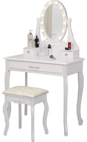 Set Maria, masă de toaletă cu oglindă iluminată LED, control touch,  3 sertare, scaun, Alb