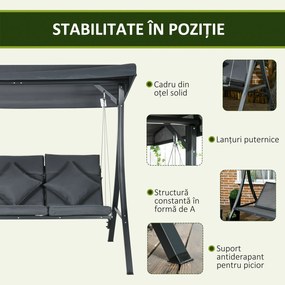 Outsunny Balansoar pentru Exterior de Grădină cu 3 Locuri și Acoperiș Reglabil, Perne Decorative, 202x115x168 cm, Gri | Aosom Romania