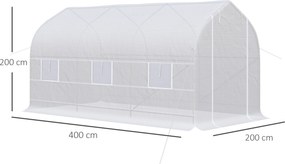 Outsunny Seră de Grădină a Tunnel 4x2x2 m cu Uși Rulabile și 6 Ferestre, Seră pentru Grădină cu Acoperiș înclinat, Structură din Metal și Acoperire PE, pentru Grădinărit Legume Flori Fructe, Alb | Aosom Romania