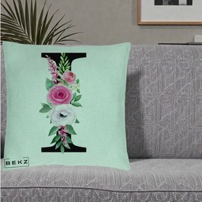 Cadou Personalizat - Perna Personalizata Monograma Florala Litera I, 40x40 cm, Verde Menta, Husa Detasabila, Perna Inclusa, BEKZ®