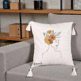 Perna Decorativa Portret Feminin Flori Galbene-Portocalii, 40x40 cm, Bej cu Franjuri, Husa Detasabila, Perna Inclusa, BEKZ®