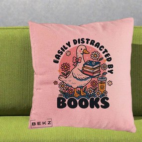 Perna Personalizata Easily Distracted by Books, 40x40 cm, Roz, Husa Detasabila, Perna Inclusa, BEKZ®