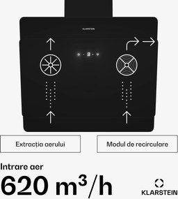 Klarstein Aurica 60, hotă de aburi, 165 W, 3 nivele, 620 m³/h, LED, sticlă, neagră