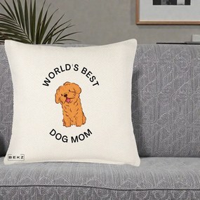 Cadou pentru Iubitorii de Caini - Perna Personalizata World's Best Dog Mom, 40x40 cm, Crem Reliefat, Husa Detasabila, Perna Inclusa, BEKZ®