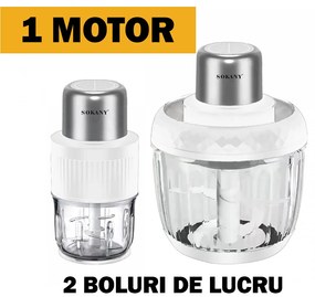 Tocator electric 2 in 1, Sokany SK-YM-7032, 4 lame din otel inoxidabil de inalta calitate, motor puternic 800 W, 3L, recipient din Sticla, Alb