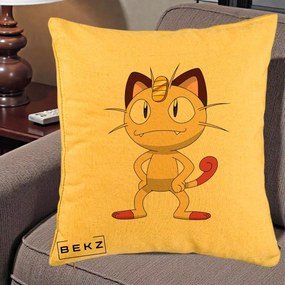Perna Personalizata Meowth Pokemon, 40x40 cm, Galben, Husa Detasabila, Perna Inclusa, BEKZ®